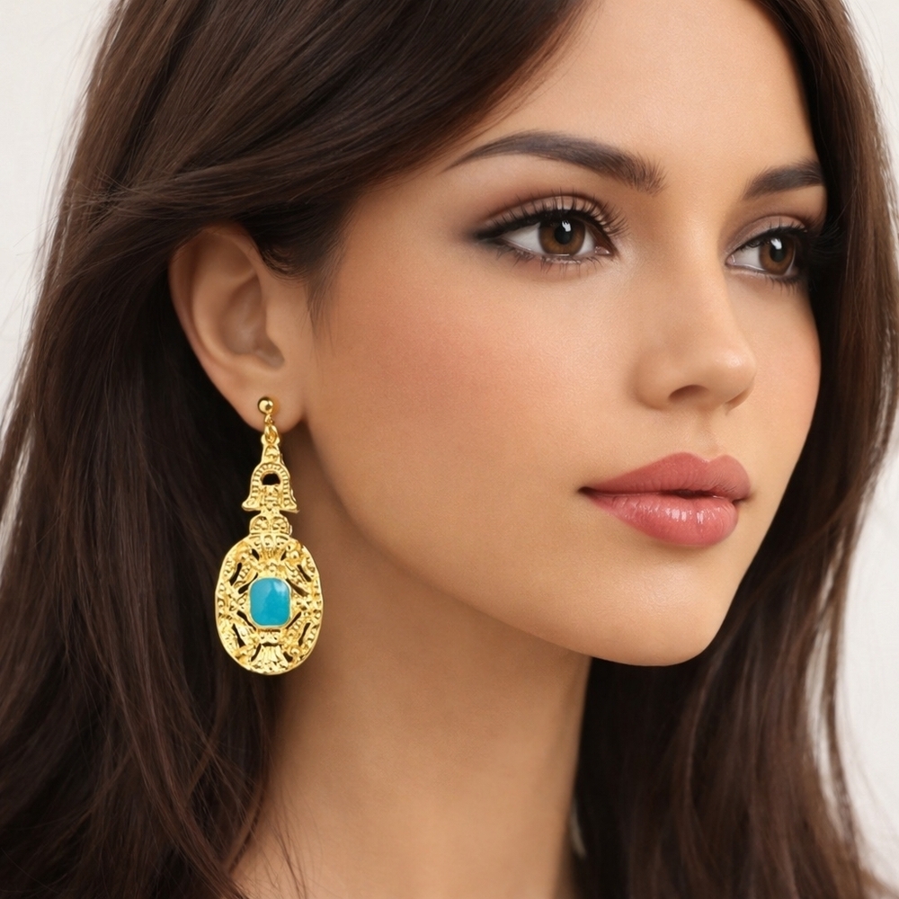 Women's Stylish Gold-tone Filigree Turquoise Color Stone Drop Dangle Earrings